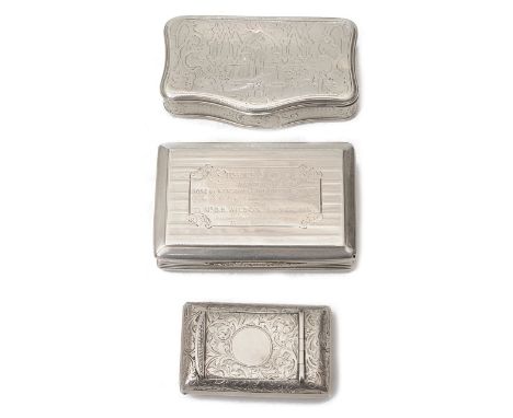 An early Victorian silver snuff box along with two others,the first hallmarked Birmingham, 1848, makers mark for Nathaniel Mi