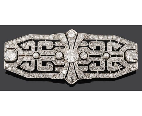An Art Deco diamond and pearl brooch, the shaped rectangular  plaque  of geometric openwork design, set with three principal 