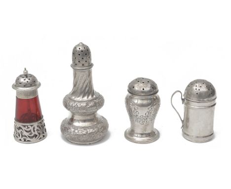 Four Victorian and later cruet itemsfirst, a silver mounted ruby glass mounted mustard pot, London, 1903 by Cornelius Vander,