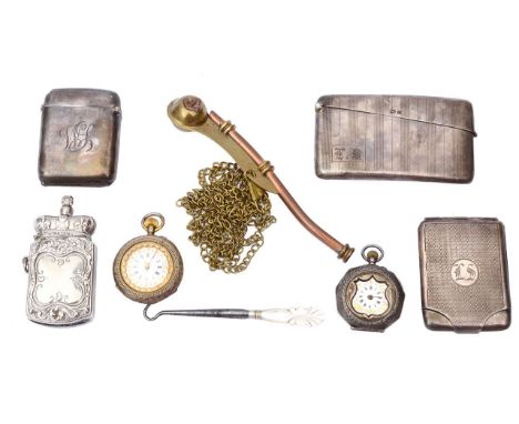 A small collection of mostly silver items to include a card case, a vesta case, a match book case, two lady's fob watches and