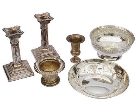 A Italian .800 silver dish, other silver items and a pair of plated dwarf Corinthian column candlesticksfirst, stamped .800 w