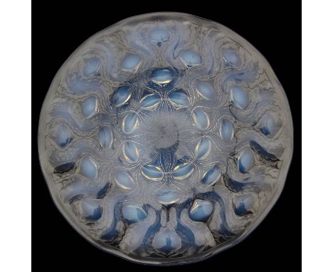 A RenŽ Lalique Bulbes No2. design opalescent glass platepattern 3302, stencilled mark to centre R Lalique France diameter 27 