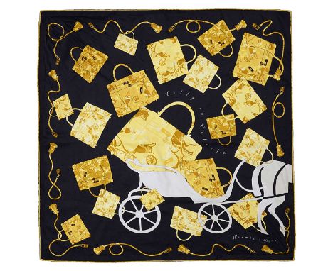 An Hermes silk scarf 'Kelly en Caleche'designed by Cyrille Diaktine in 2007, with printed pattern depicting the iconic Kelly 