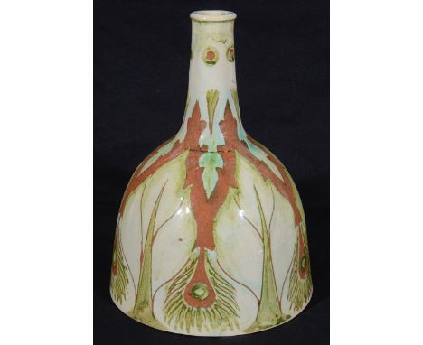 Della Robbia pottery bottle by Arthur E. Bellsdecorated in shades of green and brown with foliage and peacock feathers on a c