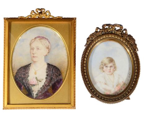 Two early 20th century portrait miniatures the first 'Portrait of an elderly lady' c.1900 wearing a black laced dress with a 