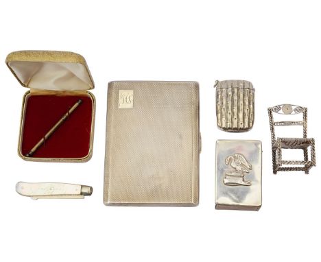 A George VI silver engine turned cigarette case and other silver itemsfirst Birmingham, 1947 by Walker &amp; Hall, rectangula