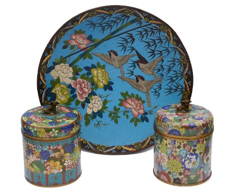 Two early 20th century Chinese cloisonnŽ enamel covered jars and a Japanese Meiji period cloisonnŽ enamel chargerthe jars of 