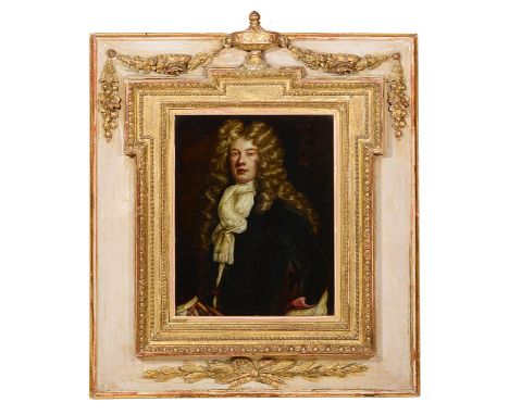 An 18th century reverse glass mezzotint'portrait of a gentleman', Adam style painted and gilt gesso frame with vase and swag 