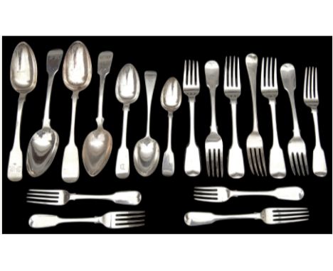 A collection of George III and later silver mostly fiddle pattern flatware various, date and makers,comprising three fiddle p