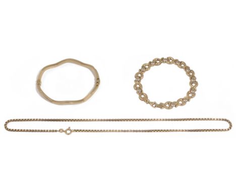 A 9ct gold stiff bangle of wavy form, stamped 375, together with a 9ct gold fancy link bracelet stamped on the clasp 375 and 