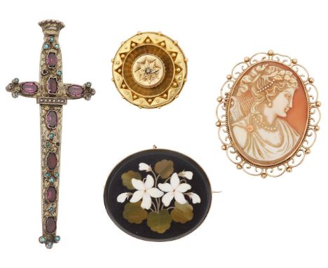 A Victorian pietra dura floral brooch and three othersthe oval floral panel with yellow metal brooch mount, tests gold, a car