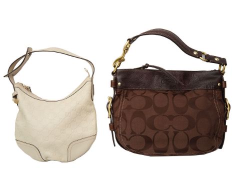 A Gucci light beige monogrammed shoulder bag and a Coach brown leather shoulder bagthe first with monogrammed exterior and ho
