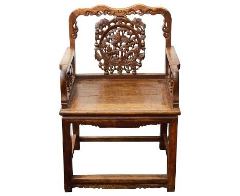 A 19th century Chinese carved hardwood open armchairhaving shaped scroll carved crest rail and pierced circular back splat ca
