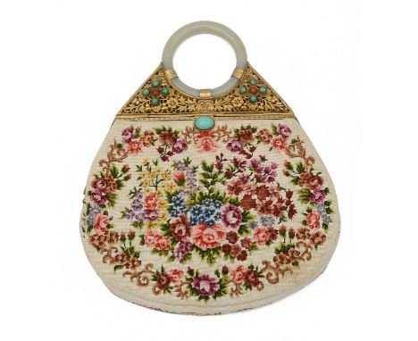 A Chinese export jade bangle petit point hand bagwith pierced gilded metal mount decorated with flowers and foliage studded w