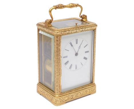 A mid 19th century French engraved gilt brass case carriage clock with push button repeat by Auguste, Paris c.1845eight day t