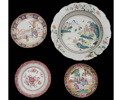 A selection of 18th century famille rose export ware comprising a petal shaped dish painted with figures on a garden terrace 