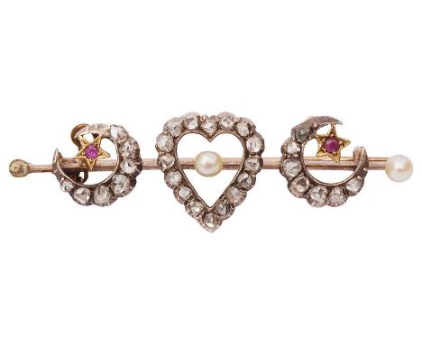 A delicate Victorian diamond heart set 'love' broochthe bar brooch with central open rose diamond set heart with pearl detail