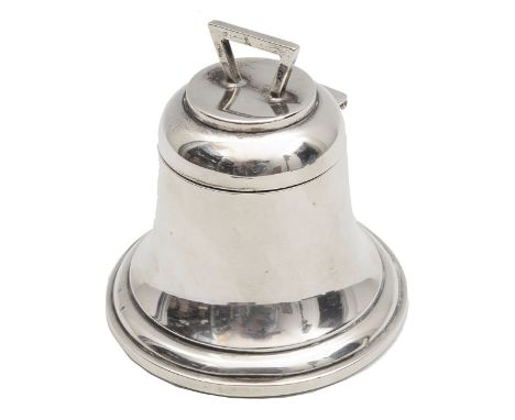 A George V silver inkwell in the shape of a bell,indistinct marks but probably Birmingham, 1923, with hinged lid, lacking inn