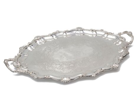 A late Victorian large silver twin handled traySheffield, 1898 by Joseph Rodgers &amp; Sonsof oval from with raised moulded b