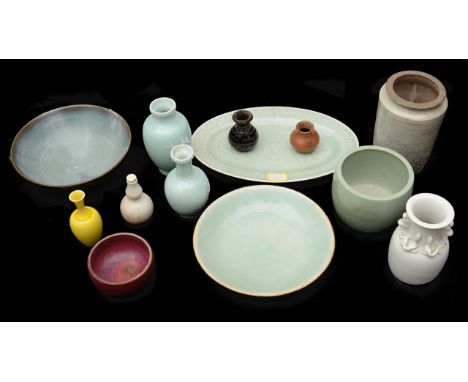 A small collection of Chinese monochrome glazed ceramicsto include a yellow glazed porcelain miniature vase ,a pale sang de b