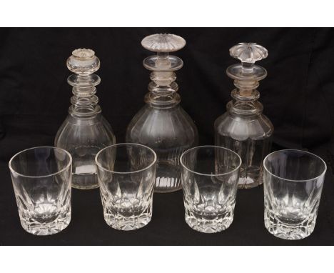 A set of four Victorian 'Last Drop' whisky tumblers c.1870 and three early 19th century decantersthe tumblers cut with large 