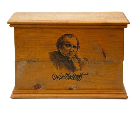 A late 19th century tincture bottle chest for Dr De Waltoff,comprising a lifting top and fall front opening to reveal four re