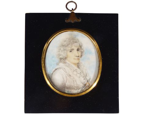 British School, late 18th century, portrait miniature of a lady c.1800'Portrait of a lady' wearing a white dress, sky backgro