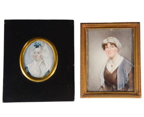 British School two portrait miniaturesfirst 'Portrait of a lady' c.1820 wearing a brown dress with a white collar, a lace sha