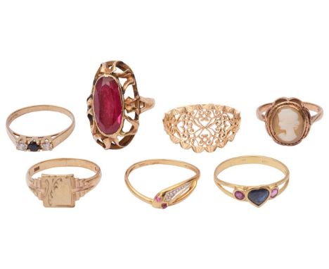 A sapphire and ruby set heart ring and a collection of gem set dress ringsthe sapphire heart ring marked .750 for 18ct gold, 