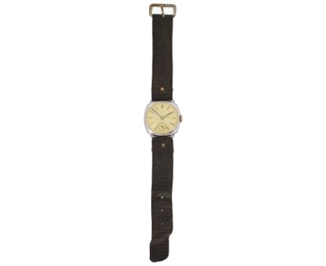 A 1930s Gentleman's Longines stainless steel cushion cased wristwatchthe circular champagne coloured dial with gilt hour bato