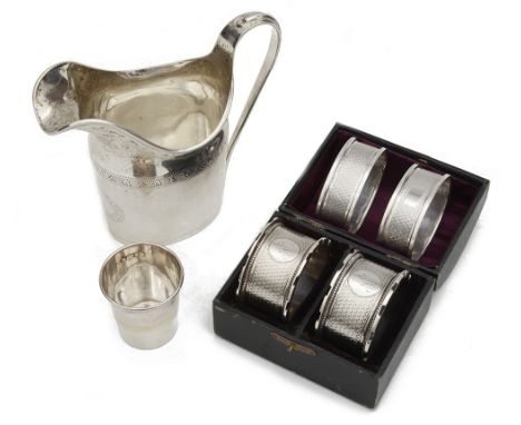 An Edwardian silver helmet shaped cream jug, a cased pair of Victorian napkin rings and other itemsfirst Chester, 1909, by Al