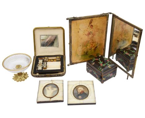 A mixed lot to include portrait miniatures comprising two early 20th century continental oval portrait miniatures, one depict