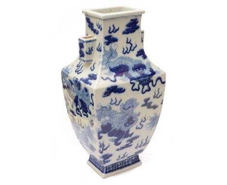 A Chinese blue and white porcelain square 'arrow' vase late 19th/early 20th centuryof baluster form, painted with Bhuddist li