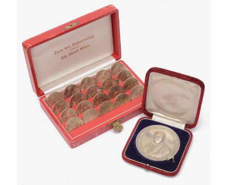 An Austrian 90th birthday presentation cased set of twenty .800 silver 1966 Ferdinand Raimund 25 schilling coins and a cased 