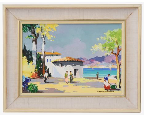C. R. D'Oyly John (British, 1906-1993)'On the Costa Brava', oil on canvas, signed lower right, framed, bears labels on the re