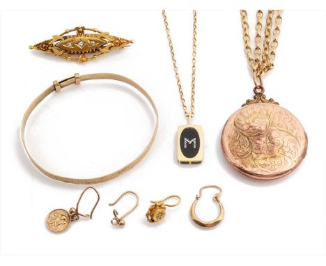 A small collection of gold jewelleryincluding a Victorian 15ct gold diamond set scroll brooch, a 9ct gold belcher chain, 9ct 