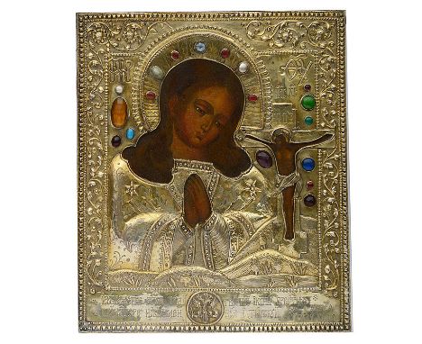 A Russian The Akhtyrskaya Mother of God silver-gilt icontempera on wood panelthe Oklad bearing assay marks for St Petersburg,