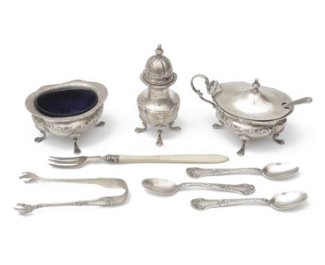 An Edwardian silver three piece cruet set and other silver itemsfirst Chester, 1902 by James Deakin &amp; Sons, of oval lobed