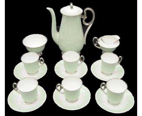 A Shelley Art Deco coffee set for sixpattern no 12398/13, Reg. No. 771299, mint green ground with banded decoration silver lu