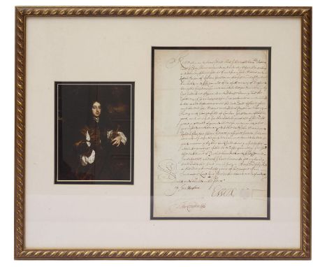 Arthur Capell, 1st Earl of Essex (1631-1683). A signed document,dated 1669, pen and ink on vellum, mounted, framed and glazed