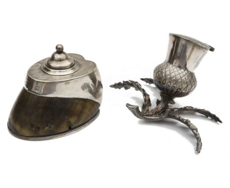 A late Victorian silver mounted horse hoof inkwell and a novelty electroplated inkwell in the form of a Scotch thistlefirst B