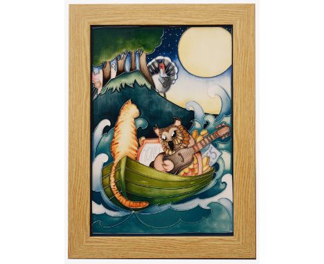 A Moorcroft 'Owl and Pussycat' plaque,2014, rectangular form with tube lined decoration, in light oak frame, with painted and