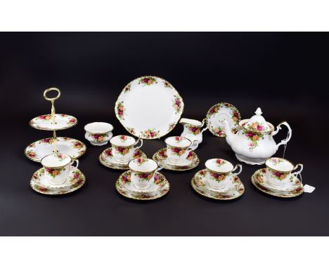 Royal Albert Bone China ( 24 ) Piece Tea Service ' Old Country Rose ' Pattern. Comprises 6 Trios ( 18 ), 1 Large Teapot, 1 Pl