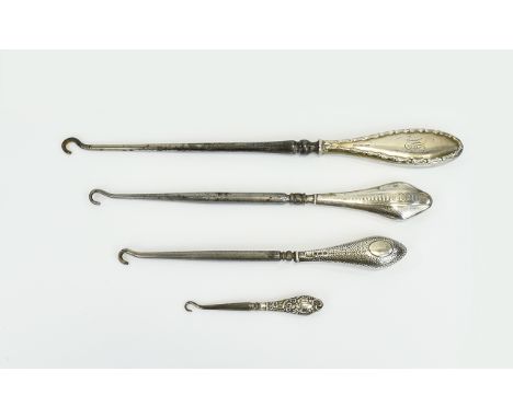 Edwardian Period Good Collection of Embossed Silver Handle Button Hooks ( 4 ) Four In Total. All Fully Hallmarked. Comprises 