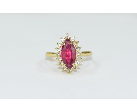 Ruby and White Topaz Marquise Shape Ring, a marquise cut ruby of 3.5cts, framed with 1ct of round cut white topaz, set in 14c