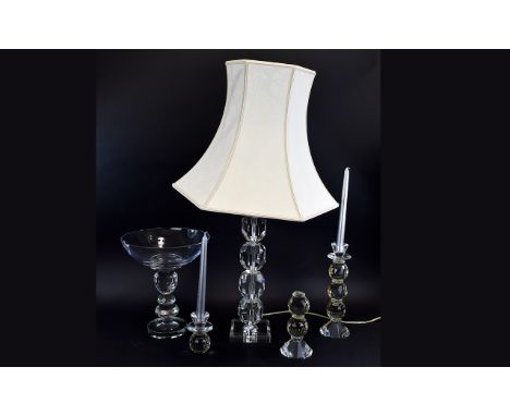 Collection of Modern Glass comrpising centre bowl, table lamp, two candle holders