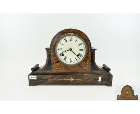 Early 20thC Mantle Clock, Rosewood Veneered Inlaid Case, White Dial With Roman Numerals.