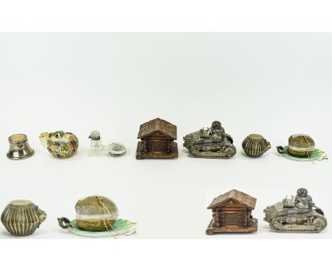 A Collection of Antique Novelty Inkwells - Various Designs and Subjects ( 7 ) Inkwells In Total. Comprises 1/ One Metal Inkwe