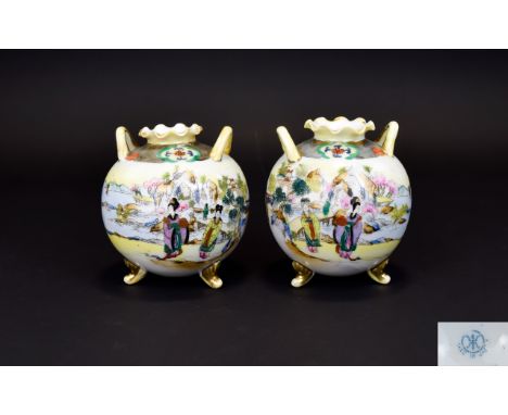 Noritake Fine Quality Pair of Twin Handle Globular Shaped, Tripod footed Vases with hand painted images of Japanese ladies in