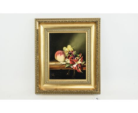 Zander ( 20th Century ) Stillife - Peach, Grapes & Flower on a Shelf - Oil on Board. Signed, Size 9.5 x 7.5 Inches ( 24 x 19 